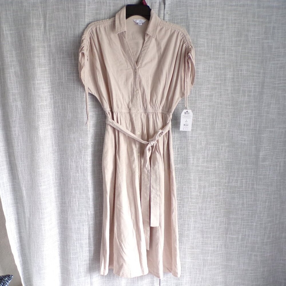 Time and Tru Women's Beige Sleeveless Cotton Belted Midi Shirtdress With Pockets